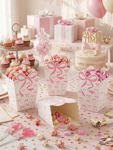 10pcs Pink Bow Printed Paper Popcorn Boxes, Cute Party Snack Containers Suitable For Baby Shower, Birthday, Gender Reveal, Parenting Party, Butterfly Theme Party Decor - Pink - View 10
