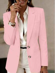 Damen Langarm Revers Knopfjacke, reguläre Länge gestrickter Stoff leichter Blazer, schafft eleganten und modischen akademischen Stil Rosa - Pink - Übersicht 5