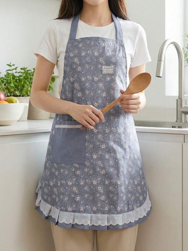 1 pieza Nuevo delantal sin mangas con estampado floral de encaje y cuello halter, bolsillo autosuficiente de moda, adecuado para cafetería, panadería, catering, cocina, tareas domésticas, hornear, cocinar, jardinería, pintura, pesca, unisex