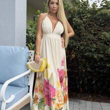 Women's Floral Print Deep V Neck Backless Dress For Summer Vacation & Beach, Women Casual Dress, Women Birthday Outfit,Vacation Style,For Beach Vacation,Bohemian Clothes, Women Dresses Birthday Vacation Dress - Beis - Ver 1