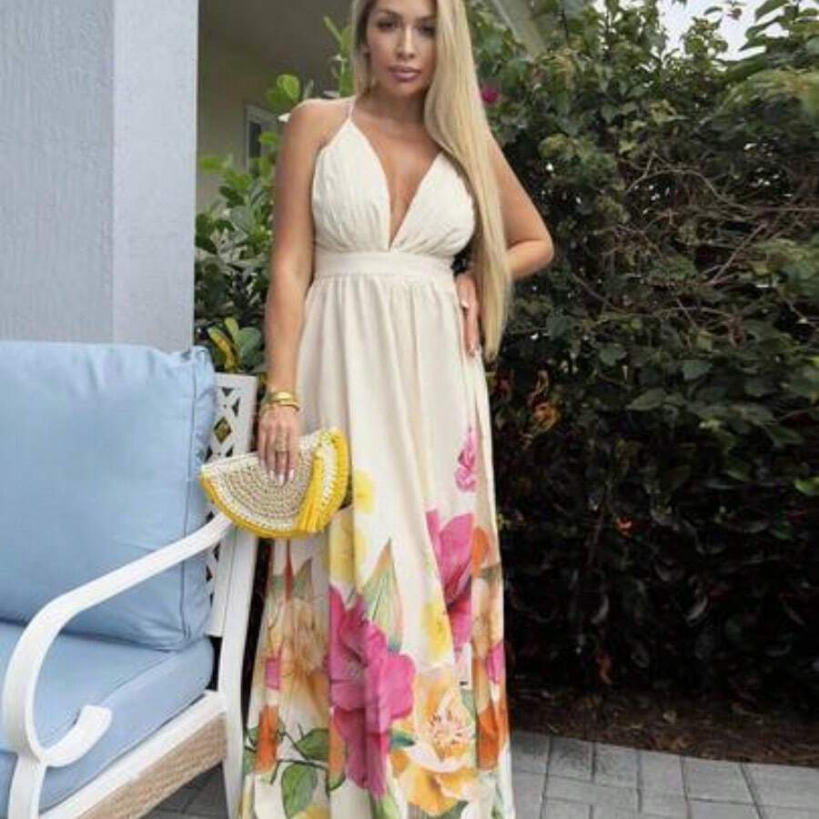 Women's Floral Print Deep V Neck Backless Dress For Summer Vacation & Beach, Women Casual Dress, Women Birthday Outfit,Vacation Style,For Beach Vacation,Bohemian Clothes, Women Dresses Birthday Vacation Dress - Beis - Ver 1