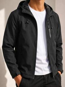 1 pieza Chaqueta para hombre, chaqueta con capucha y cremallera, material duradero anti-pelusas, funcional y casual para exteriores con múltiples bolsillos, adecuada para senderismo y camping - Negro - Ver 3