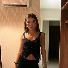 Conjunto de Top Sin Mangas y Falda Corta de Crochet con Flecos para Mujer, Unicolor, Fluido y Delgado para Fiestas y Clubes de Verano - Negro - Ver 1