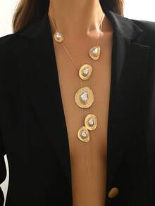 1pc Women's Luxury Hammered Gold-Plated Faux Baroque Pearl Y-Shaped Necklace, Multi-Layer Asymmetrical Metal Frame Design, Elegant For Commute, Party, Evening Wear, Deep V Neckline Collarbone Chain Pendant Necklace - Golden Yellow+White - View 1