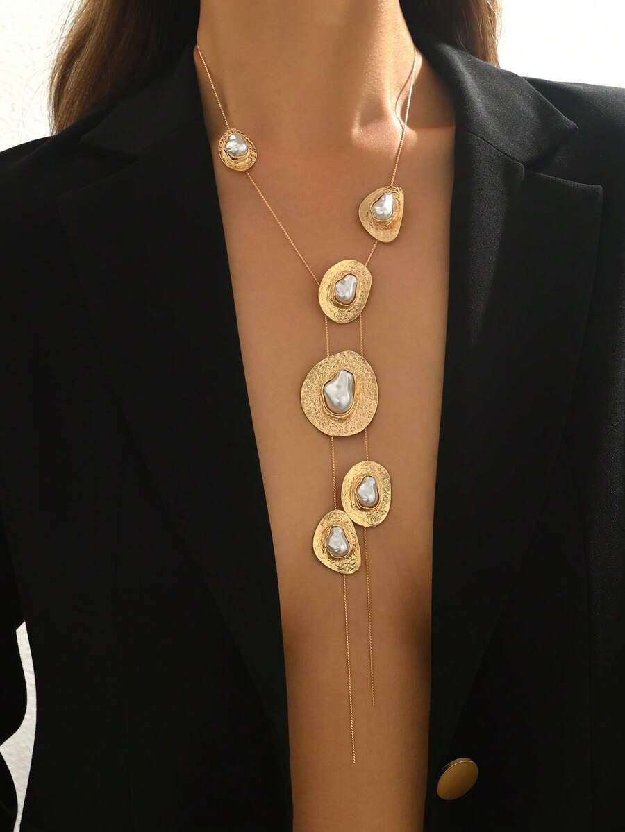 1pc Women's Luxury Hammered Gold-Plated Faux Baroque Pearl Y-Shaped Necklace, Multi-Layer Asymmetrical Metal Frame Design, Elegant For Commute, Party, Evening Wear, Deep V Neckline Collarbone Chain Pendant Necklace - Golden Yellow+White - View 1