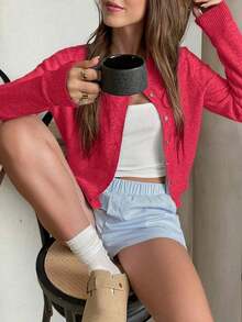 Cárdigan de punto con cuello redondo y diseño retorcido para mujer, chaqueta de suéter de color gris claro sólido y casual, blusa de primavera - Rojo - Ver 2