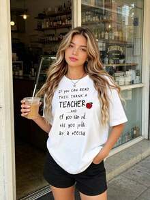 Funny T-Shirt For Teachers - With The Inscription "If You Can Read This, Thank A Teacher" And "Yoo Kan Rid Ths Yoo Prbli Ar A Teecha", Casual Short Sleeve Crew Neck T-Shirt For Educators, Spring Summer - 白色 - 查看 2