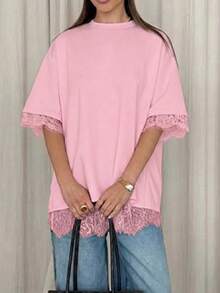 Women's Casual Loose Lace Patchwork Open Back Round Neck Short Sleeve T-Shirt, Solid Color Knit Fabric Lace Patchwork Open Slit Retro Wear Pink Summer - Pink - View 3