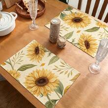 A Complete Set Of Daily Sunflower, Green Leaf, And Green Checkered Patterned Placemats, Suitable For Spring, Summer, Autumn, And Winter. It Adopts A Multi-Color Pattern Design And Is Woven From 100% Polyester Fiber. The Size Is 12 * 18 Inches And Can Be Machine Washed With Polyester Placemats. Heat Resistant, Stain Resistant, Waterproof, Easy To Clean, Suitable For Dining Tables, Holiday Party Decorations, Desktop Protection, Kitchen And Living Room Decorations, And Daily Use. - Multicolor - View 9
