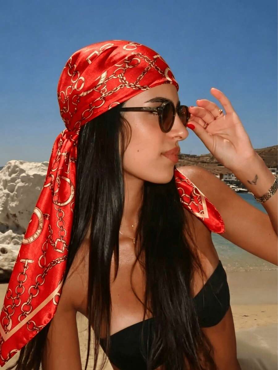 1pc Ladies Bohemian Retro Chain Print Head Scarf, Casual Elegant Headwrap For Daily Wear, Sun Protection Shawl, Beach Vacation - Red - View 1
