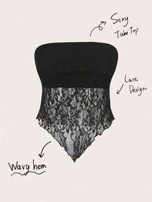 Top bandeau ajustado con bajo asimétrico de tela de encaje sexy y casual, color marrón - Negro - Ver 8
