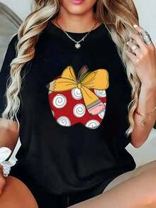 1pc blusas de mujer blusas bonitas para mujeres conjuntos para mujer blusas de mujer en oferta  Manzana escolar T shirt 1ampado de manzana con lazo y lápiz impresión de alta calidad en algodón cuello redondo corte básico holgado hombres y mujeres transpirable versátil Mujer camiseta gráfica con estampado religioso, ajuste holgado, cuello redondo, manga corta, primavera-verano, ideal para festividades y eventos especiales, categoría de moda. - Negro - Ver 2