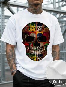 Alternative Style Men's Short Sleeve T-Shirt With Skull Print Formed By Multiple Colorful Lucha Libre Masks, Creative And Vibrant Design, Loose Fit, Ideal For Urban Art And Mexican Culture Lovers, 220 G 100% Cotton, Soft, Breathable And Long-Lasting, Artistic - 白色 - 查看 6