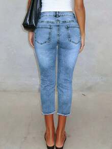 Jeans pitillo de tiro 3/4 desgastados de lavado claro para mujer, pantalones lápiz elásticos para uso casual y de viaje en verano - Azul lavado medio - Ver 5