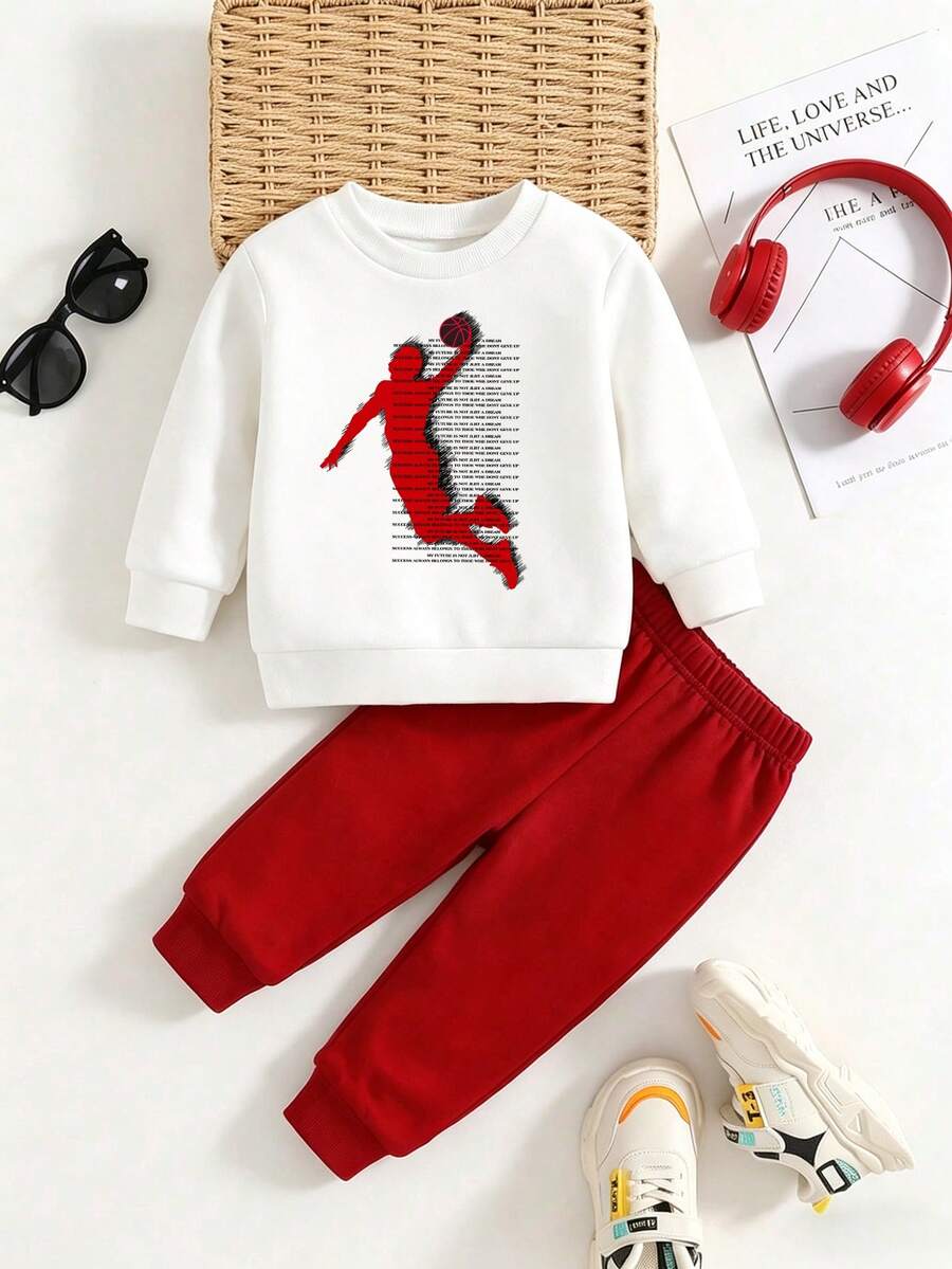 Baby Boy Cartoon Print Round Neck Long Sleeve Warm Sweatshirt And Long Pants Set - White - View 1