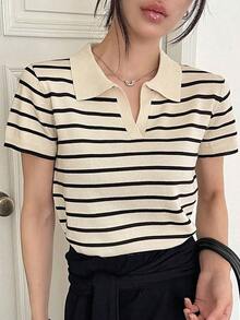 Suéter de mujer con cuello y mangas cortas a rayas para otoño - Albaricoque 2 - Ver 8