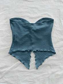 Nuevo estilo de top tubo de punto estampado rosa con dobladillo retorcido asimétrico y espalda descubierta para playa, resort, festival de música y verano bohemio para mujeres - Azul 2 - Ver 2