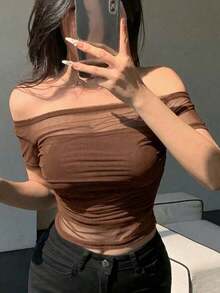 Blusa elástica de malla transparente con hombros descubiertos, para primavera/verano - Marrón 2 - Ver 1