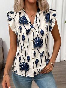 Clasi Blusa de mujer de verano con cuello en V y mangas cortas con estampado floral - Niebla azul - Ver 4