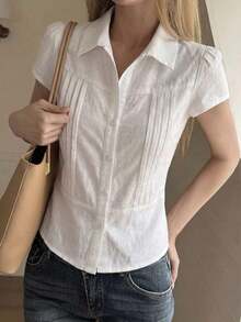 Blusa de mujer de ajuste ceñido de manga corta con cuello en un unicolor - Blanco - Ver 2