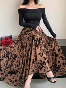 Falda casual con estampado floral, cintura elástica y volantes en el bajo, estilo bohemio - Beis - Ver 10