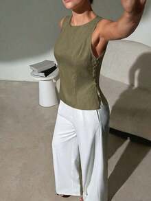 Camisa blanca sin mangas de algodón y lino, ajustada, con botones de nudo de bambú, estilo vintage para oficina - Verde militar - Ver 6