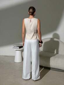 Camisa blanca de lino sin mangas, ajustada, con botones de nudo de bambú, estilo vintage para oficina - Albaricoque - Ver 2