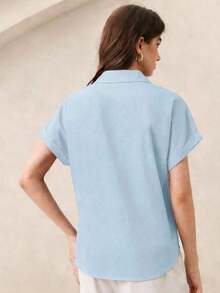 Nueva llegada Camisa casual de manga corta con botones delanteros de unicolor, adecuada para uso diario, primavera/verano - Azul - Ver 6