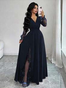 Vestido elegante de mujer con cuello en V profundo, parche de encaje, manga larga y abertura alta, adecuado para graduación, vacaciones, Día de San Valentín, festivales de música, Día de la Madre, Acción de Gracias, Pascua, Día Nacional, bailes, citas, fiestas, bodas, actividades al aire libre, primavera/verano - Azul marino - Ver 4