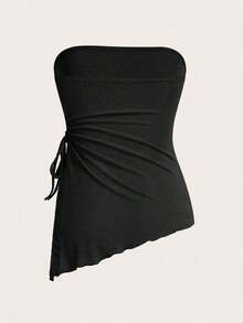 Blusa negra tubo con recogido en la cintura, bajo asimétrico y atado a los lados - Negro - Ver 3
