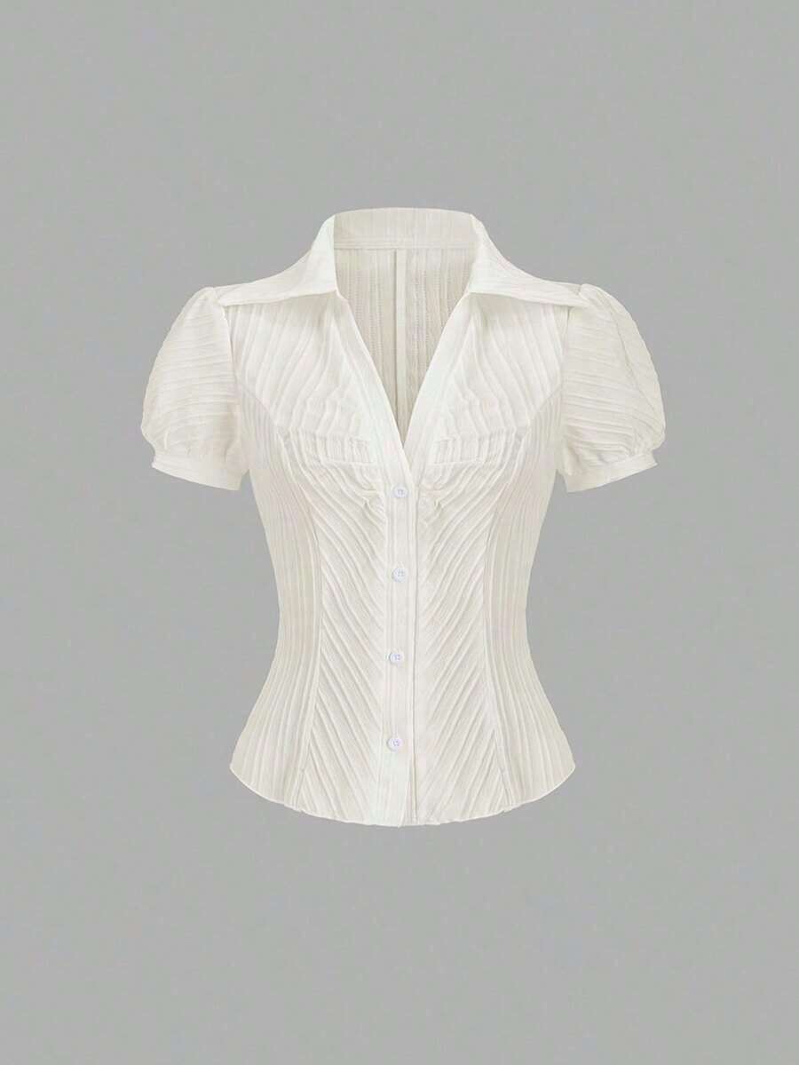 Blusa elegante de mujer con cuello en V y abotonadura sencilla, de manga corta y con rayas blancas, para primavera/verano - Albaricoque - Ver 1