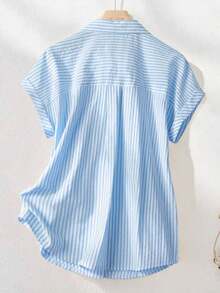 Camisa de manga corta a rayas vintage, de moda para ir al trabajo en verano - Azul y blanco - Ver 2