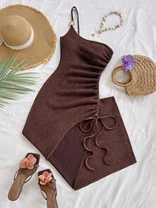 Vestido de mujer con textura de gofre tejido, diseño ajustado con abertura y cordón, adecuado para fiesta, cita, sexy, té de la tarde, playa, verano, festival de música, temporada de bodas - Marrón - Ver 8