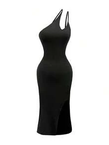 Vestido midi ajustado de unicolor y sexy para mujer - Negro - Ver 3