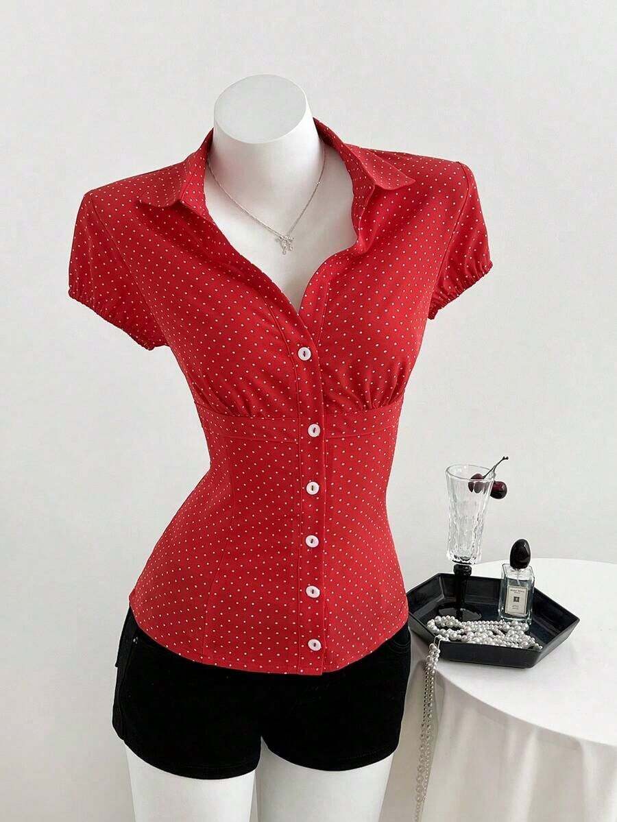 Camisa de mujer con cuello en V, cintura fruncida y manga corta, color blanco, para primavera/verano - Rojo - Ver 1