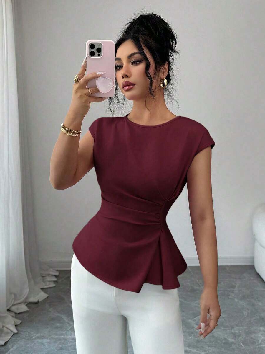 Conjunto de primavera para mujer para exteriores, adecuado para Año Nuevo, Día de San Valentín, Pascua, Día de la Madre, fiesta de Oriente Medio, boda, elegante vacación romántica francesa, lugar de trabajo, blusa sin mangas con cintura ceñida y v - Burdeos - Ver 1