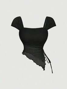 MOD Conjunto de 3 piezas para mujer: Camiseta de malla con mangas acuchilladas y abertura sexy.Camiseta de malla negra, roja y blanca, romántica, para primavera/verano, romántica, elegante para vacaciones, fiestas, ceremonias, vacaciones en la playa, salidas, camisetas de tirantes, tops de entrenamiento para mujer - Negro - Ver 5