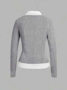 Blusa casual de manga larga con cuello de contraste y diseño 2 en 1 para mujer - Gris - Ver 2