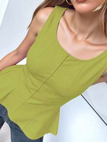 1 pieza Blusa informal de punto de unicolor con volante, verano - Verde - Ver 4