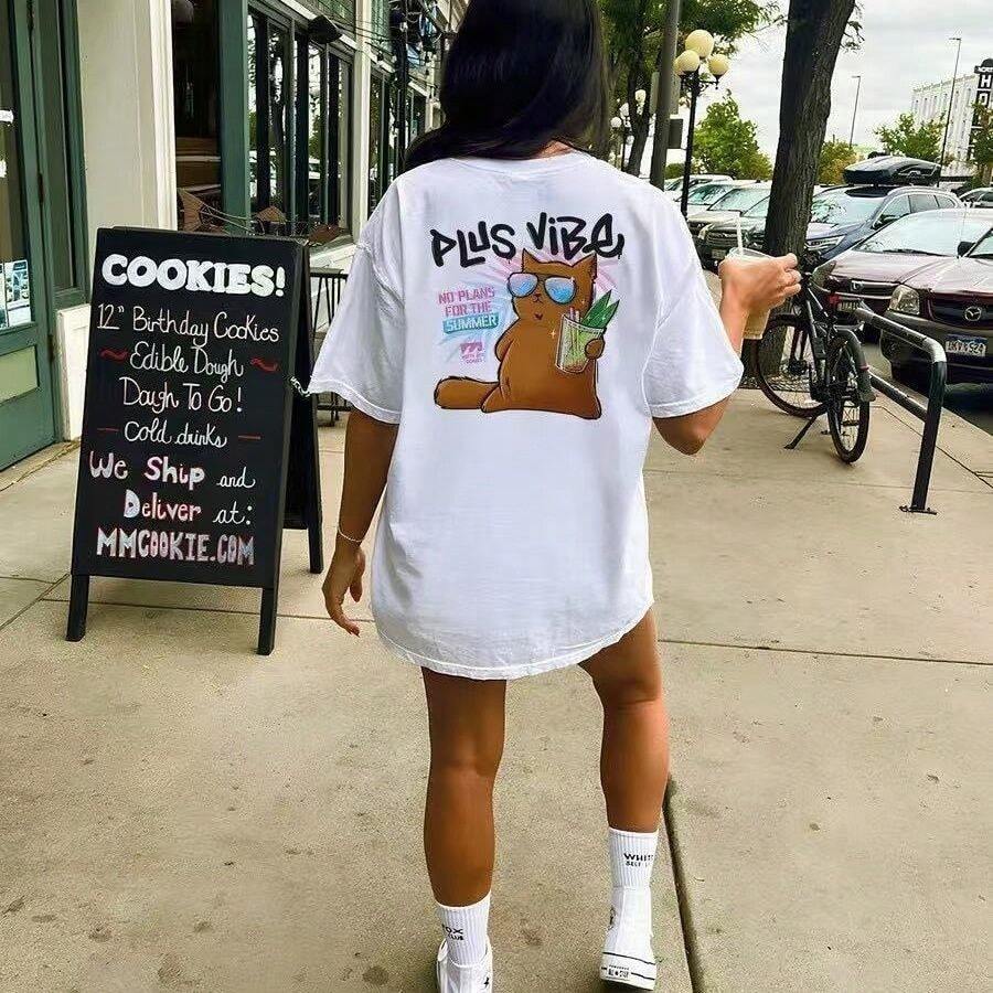 Camiseta de algodón para mujer, de marca china de moda, estilo retro, corte ajustado, con estampado divertido, estilo europeo y americano, de manga corta y casual. - Blanco - Ver 1