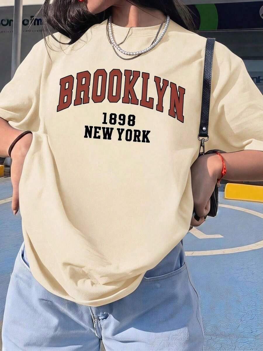 Nueva camiseta de manga corta con cuello redondo para mujeres, diseño estival, con un sencillo y moderno estampado de letras, transpirable y absorbe la sudoración.Envío exprés desde almacén local, modelo para parejas, ropa de pareja DXX5 - Albaricoque - Ver 1