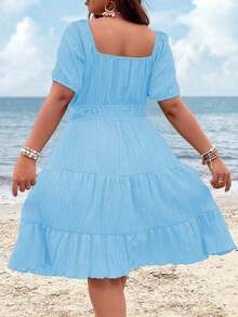 Clasi Vestido corto de manga corta en color burdeos de uso diario, sencillo y liso para mujeres de talla grande - Celeste - Ver 2