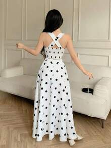Conjunto de 2 piezas de top sin mangas y falda con estampado de lunares para mujer - Blanco y Negro - Ver 2