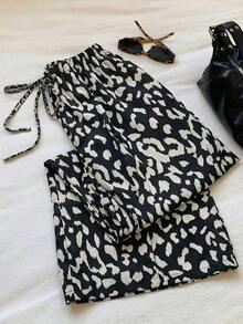 Pantalones Largos Para Mujer Con Estampado De Leopardo Y Cordón De Ajuste - Negro - Ver 7