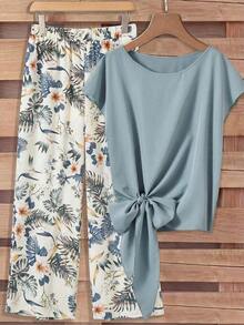 Set de 2 piezas: Blusa morada con lazo minimalista casual + Pantalones rectos holgados con estampado floral, adecuado para vacaciones de primavera/verano - Multicolor 13 - Ver 7