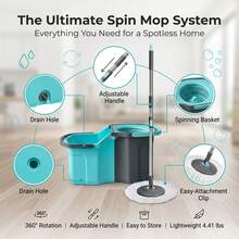Spin Mop And Bucket System With [2] Microfiber Replacement Heads, Self-Wringing Floor Cleaning Mop For Home & Kitchen, Heavy Duty Stainless Steel Handle (Teal/Grey) - A - Xem 5