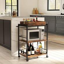 3 Tier Kitchen Cart, Rolling Bar Cart For Tea, Coffee, Liquor, And Drink Service With Removable Serving Detachable Server, Rustic Brown And Black - Rustic Brown and Black - View 5