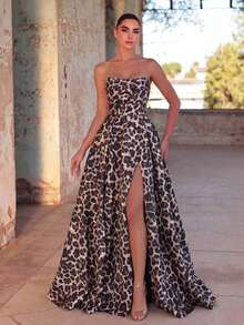 Vestido de noche elegante de mujer con fruncidos y abertura alta - Vestido formal de primavera/verano, adecuado para bodas, galas, alfombras rojas, fiestas, invitados de boda, fiesta de vacaciones de verano - Marrón - Ver 9