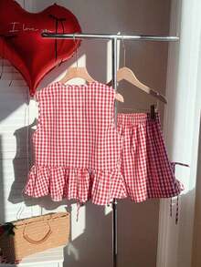 Set de 2 piezas de ropa de mujer con top tipo camiseta con cordones y shorts a cuadros, ideal para el Día de San Valentín - Rojo - Ver 2