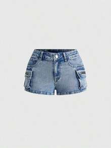 Grunge Punk Conjuntos de verano para mujer: shorts mini de tiro bajo de mezclilla desgastada, estilo de calle punk - Azul lavado medio - Ver 1